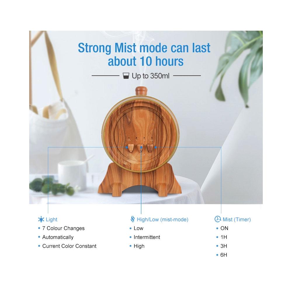 Wooden Barrel Ultrasonic Aroma Diffuser - 350ml Essential Oil Humidifier with LED Lights
