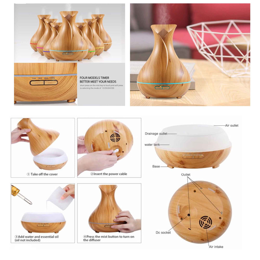 Essential Oil Aroma Diffuser Tulip Light Wood -Ultrasonic Mist Humidifier, image 4