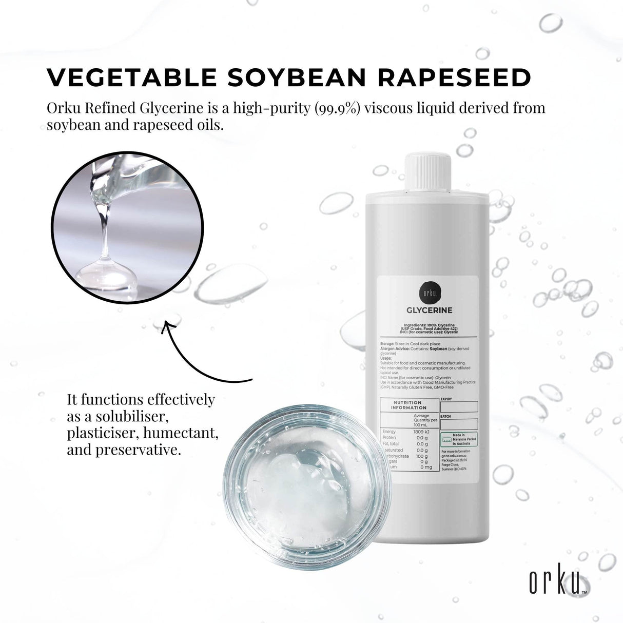 Orku 250ml Glycerine 99.9% Pure USP Food + Cosmetic Grade  Vegetable Glycerol