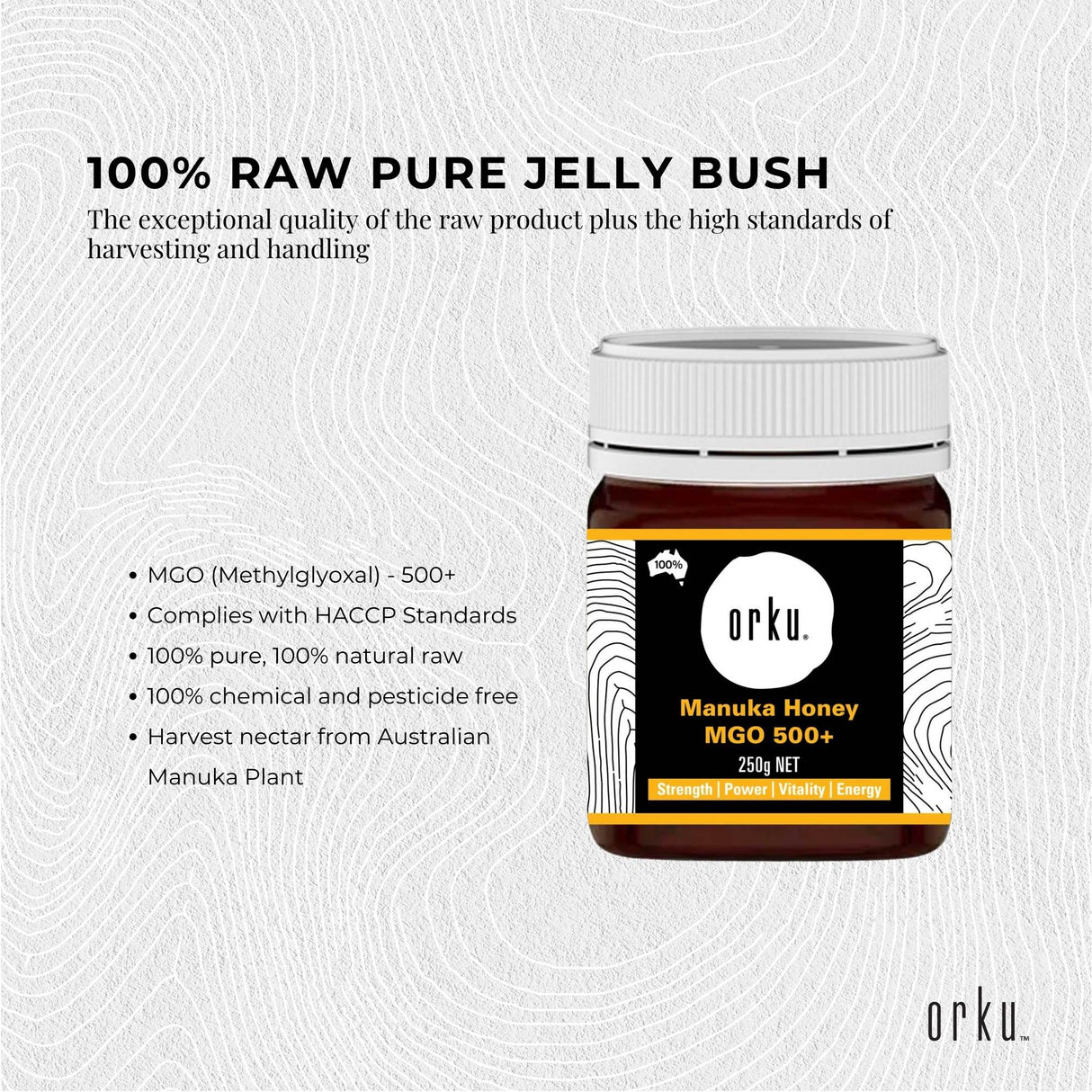 Orku 250g MGO 500+ Australian Manuka Honey - 100% Raw Natural Pure Jelly Bush