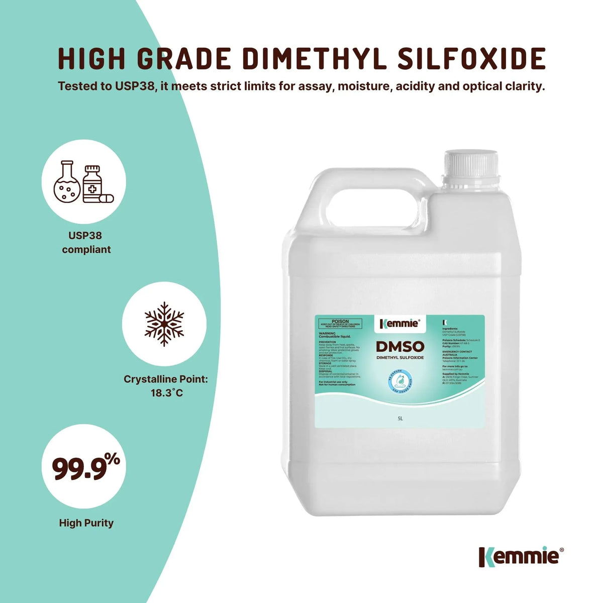 Kemmie 5L DMSO Liquid 99.9% Pure -  USP Grade Dimethyl Sulfoxide Solvent Bulk