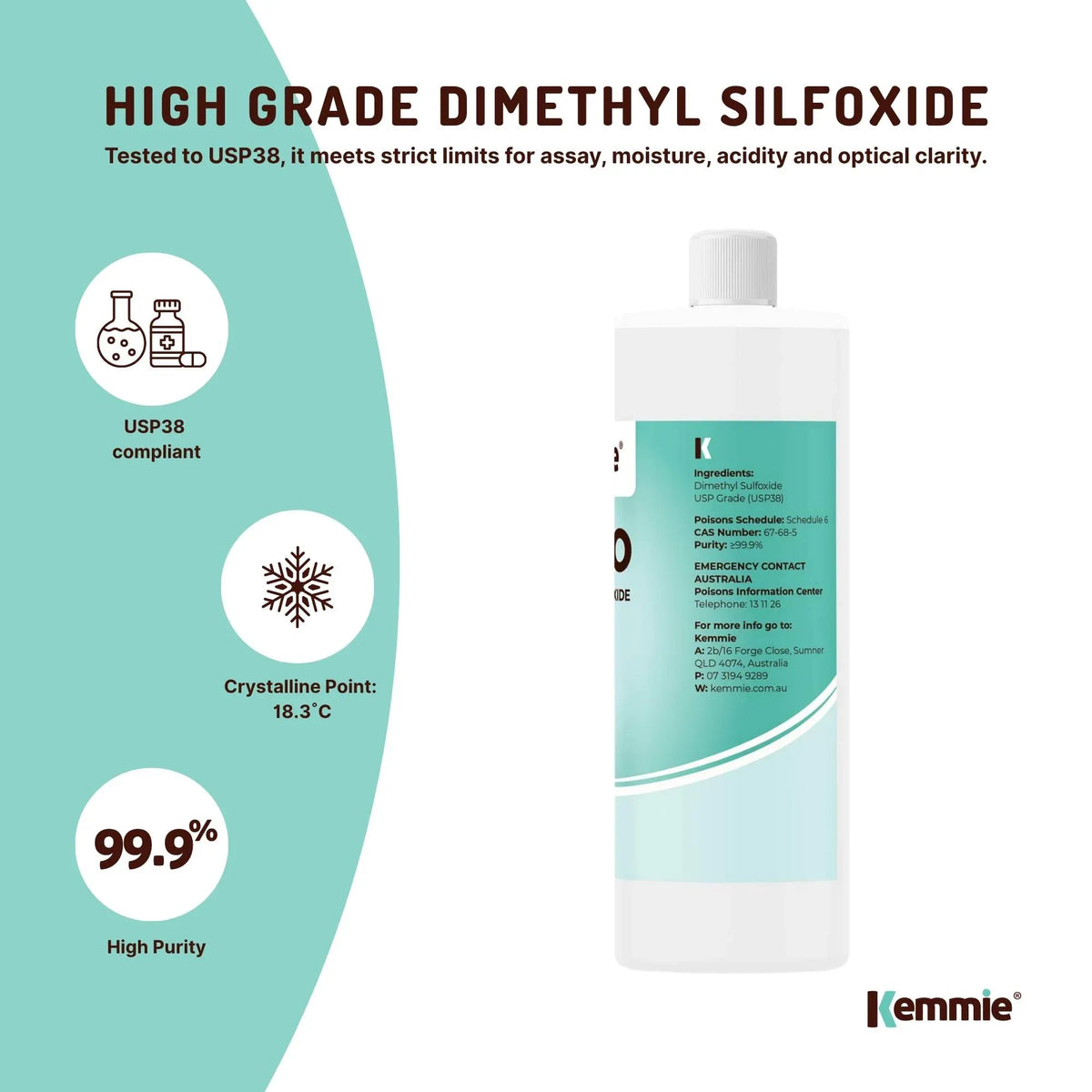 Kemmie 500ml DMSO Liquid 99.9% Pure -  USP Grade Dimethyl Sulfoxide Solvent