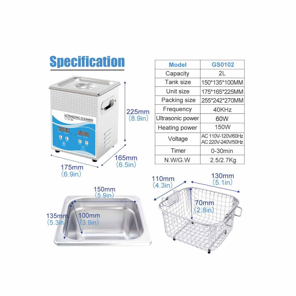 2L Digital Ultrasonic Cleaner for Jewelry and Delicate Items with Heating Function