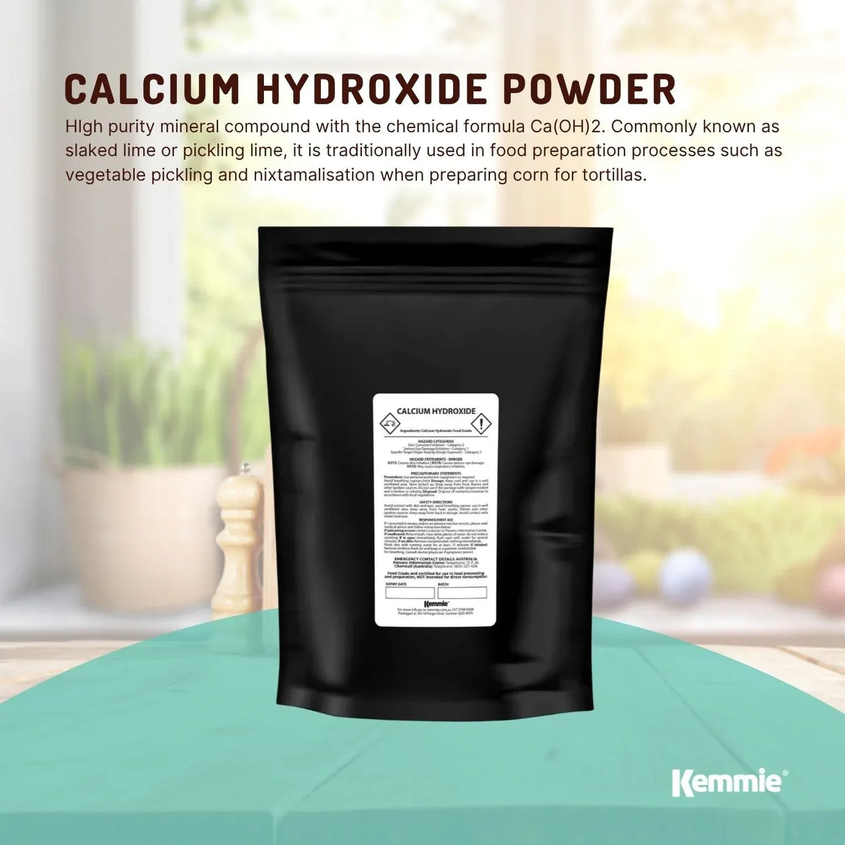 Kemmie 1Kg Calcium Hydroxide Powder - Food Grade Pickling Lime Slaked Lime FCC