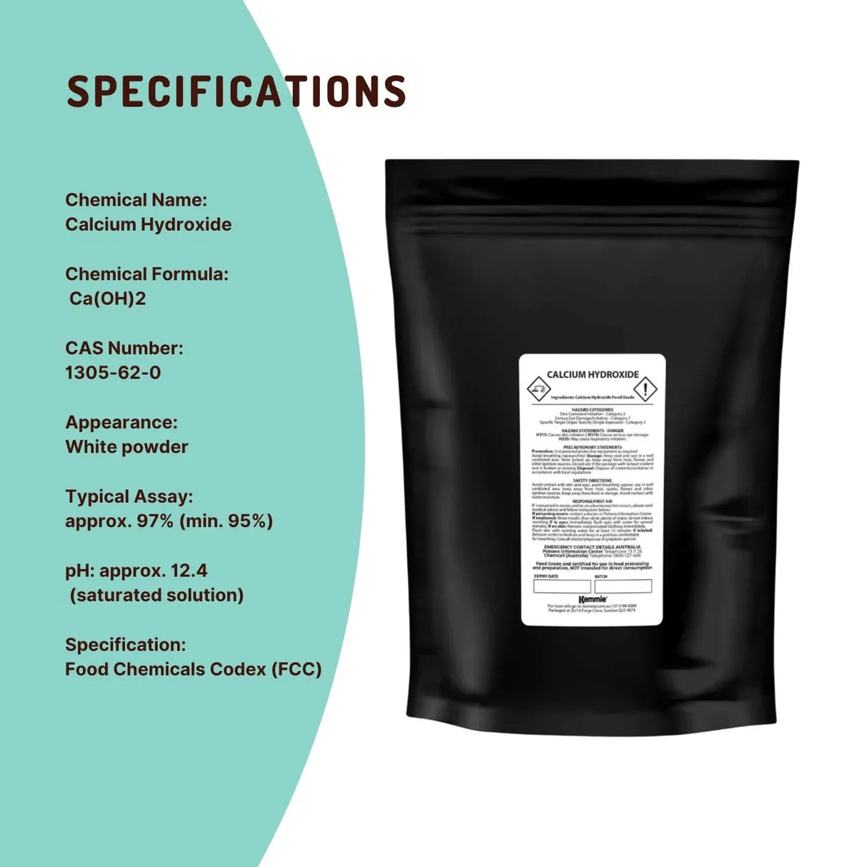 Kemmie 1Kg Calcium Hydroxide Powder - Food Grade Pickling Lime Slaked Lime FCC