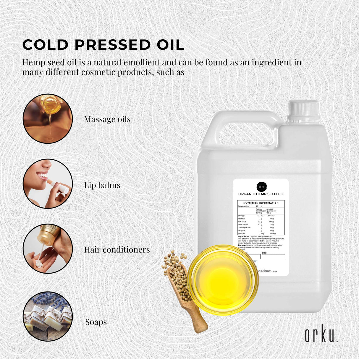 Orku 5L Organic Hemp Seed Oil - Cold Pressed Food Grade Oils