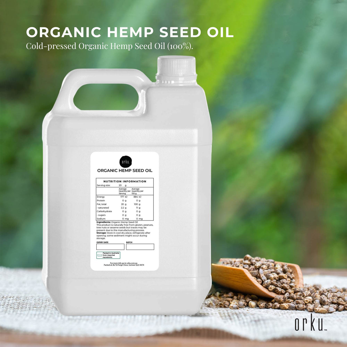 Orku 5L Organic Hemp Seed Oil - Cold Pressed Food Grade Oils