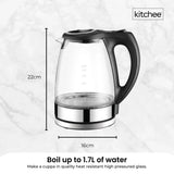 Kitchee 1.7L Glass Electric Kettle LED Light Cordless 360 Water Boiling Jug - Close-Up Angle