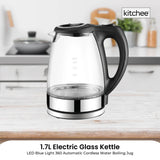 1.7L Electric Glass Kettle LED Blue Light 360 Automatic Cordless Water Boiling Jug - Front View