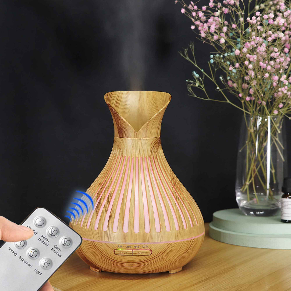 Tulip Top 500ml Wood Grain Essential Oil Diffuser with Remote Control - Ultrasonic Aromatherapy Humidifier