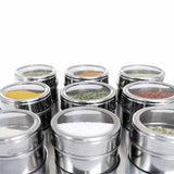 9 Magnetic Spice Jar Tins and Steel Rack - 150g Seasoning Storage Containers - Top-Down View