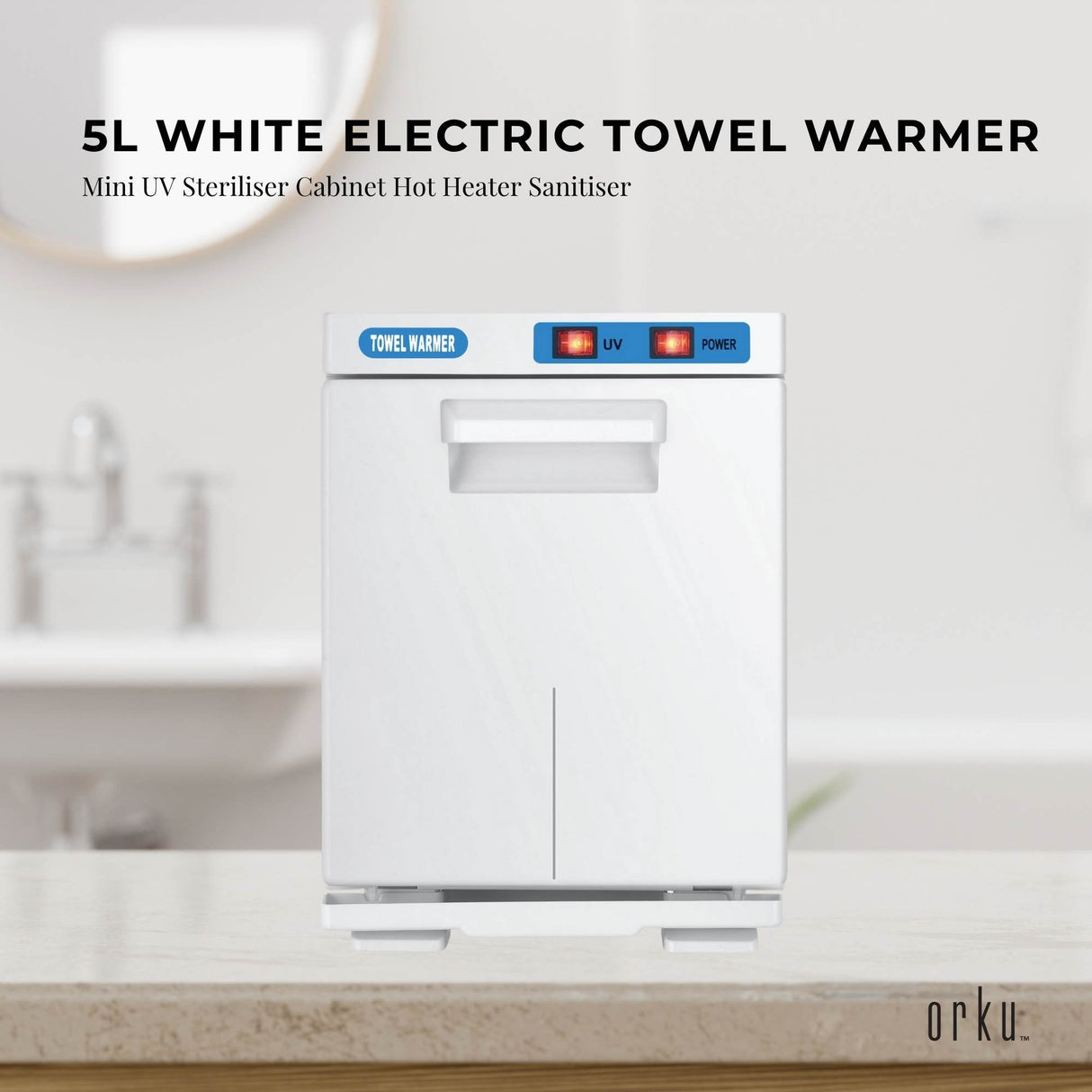 Compact 5L White Electric Towel Warmer with UV Sterilisation and Heater for Home and Spa Use