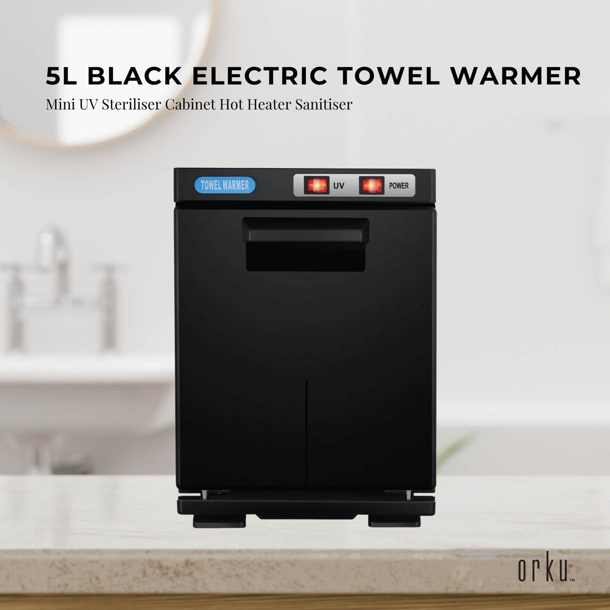 Compact 5L Black Electric Towel Warmer with UV Steriliser and Hygienic Sanitisation Features