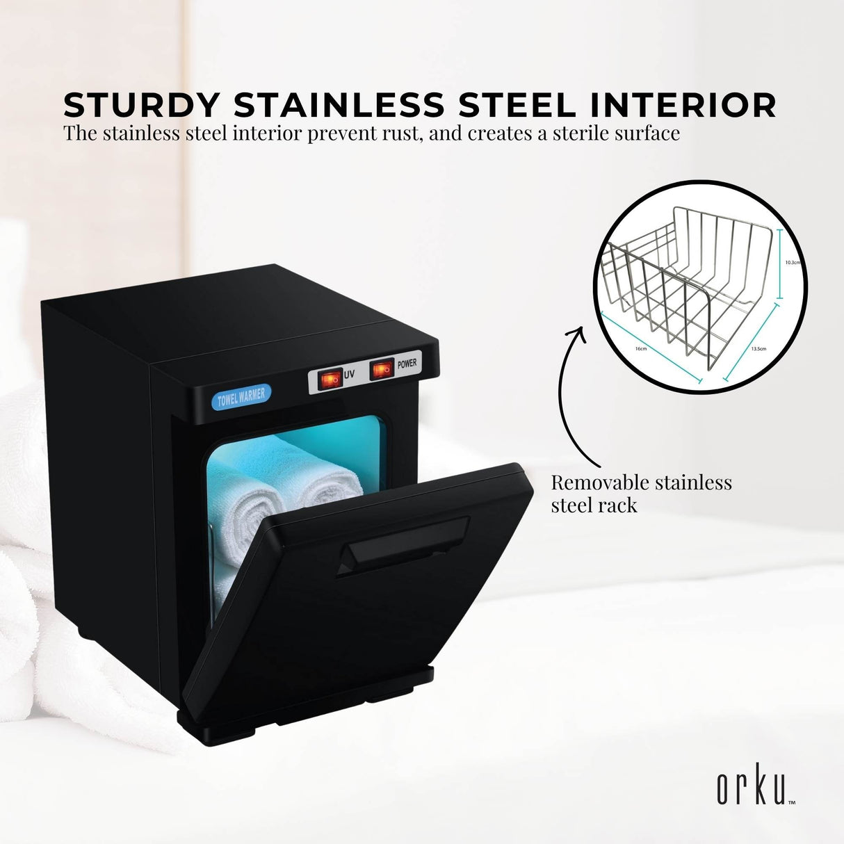 Compact 5L Black Electric Towel Warmer with UV Steriliser and Hygienic Sanitisation Features