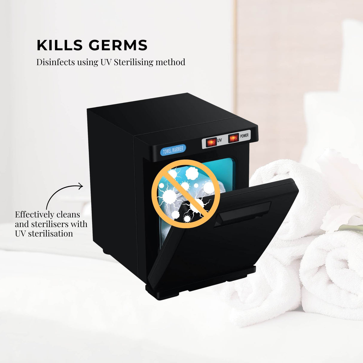 Compact 5L Black Electric Towel Warmer with UV Steriliser and Hygienic Sanitisation Features