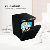 Compact 5L Black Electric Towel Warmer with UV Steriliser and Hygienic Sanitisation Features - Close-Up Angle