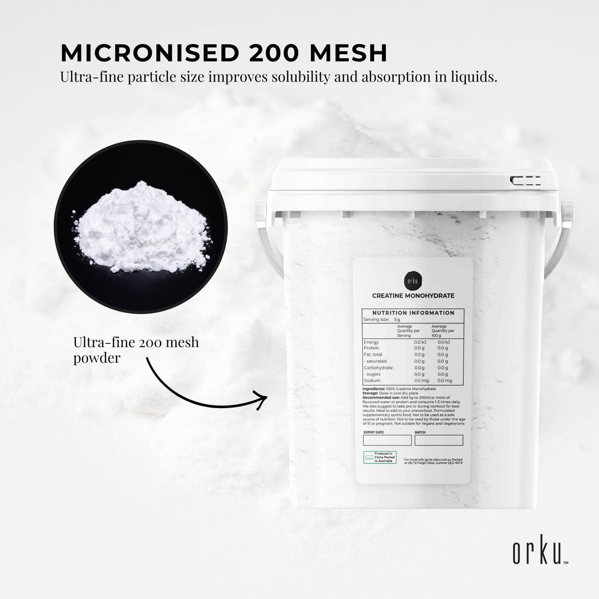 Orku 800g Creatine Monohydrate Powder Tub – 200 Mesh Micronised | 99.9% Purity