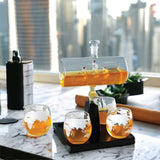 1L Whiskey or Wine Sailboat Glass Decanter Set - 4x Globe Glasses + Wooden Stand - Front View