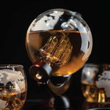 850ml Whiskey or Wine Globe Glass Decanter Set - 2x Glasses + Wooden Stand - Side View