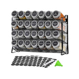 4 Tier Metal Spice Rack + 28 Glass Jars - Kitchen Pantry Herb Storage Organiser