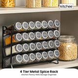 4 Tier Metal Spice Rack + 28 Glass Jars - Kitchen Pantry Herb Storage Organiser - Front View