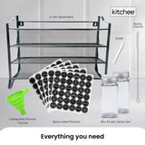 4 Tier Metal Spice Rack + 28 Glass Jars - Kitchen Pantry Herb Storage Organiser - Side View