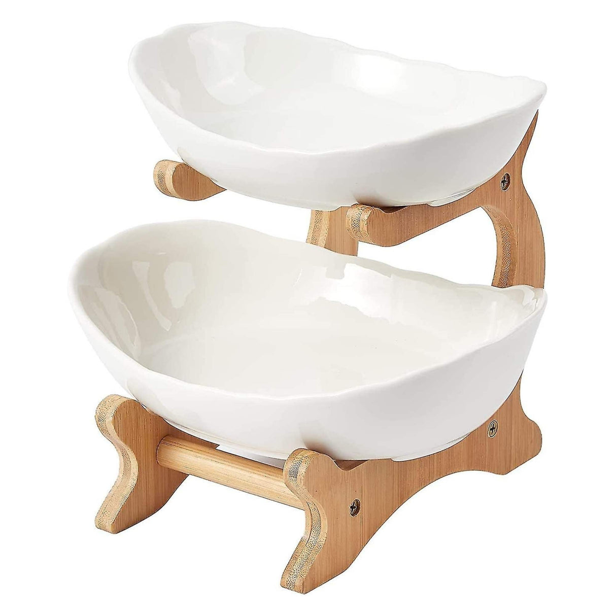 Elegant 2-Tier Ceramic Fruit and Vegetable Display Stand with Bamboo Base