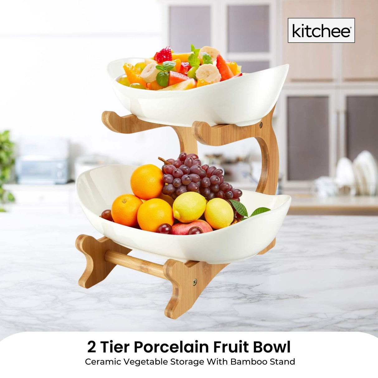 Elegant 2-Tier Ceramic Fruit and Vegetable Display Stand with Bamboo Base