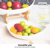 Elegant 2-Tier Ceramic Fruit and Vegetable Display Stand with Bamboo Base - Side View