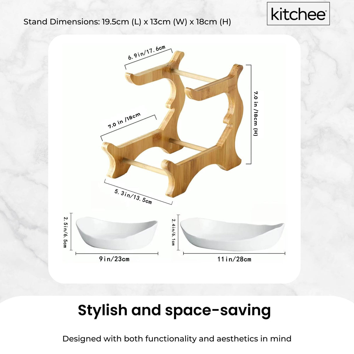 Elegant 2-Tier Ceramic Fruit and Vegetable Display Stand with Bamboo Base