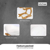 Elegant 3-Tier Porcelain Serving Stand with Bamboo Base for Fruits and Vegetables - Close-Up Angle