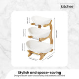 Elegant 3-Tier Porcelain Serving Stand with Bamboo Base for Fruits and Vegetables - Top-Down View