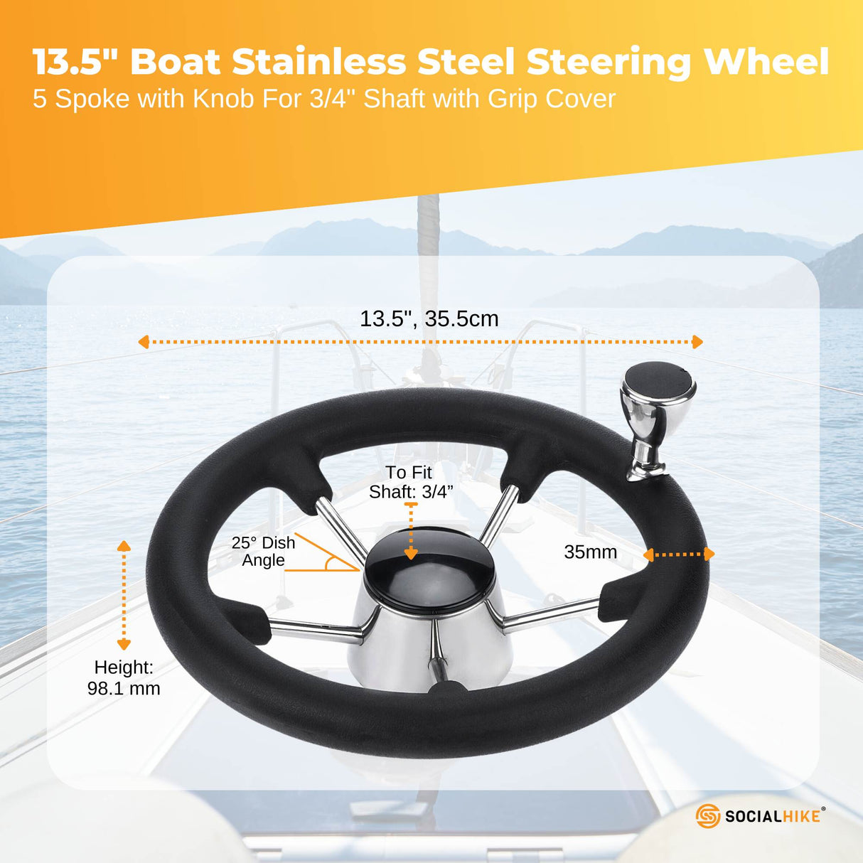 14" Premium Stainless Steel Boat Steering Wheel with Ergonomic Grip and Assist Knob