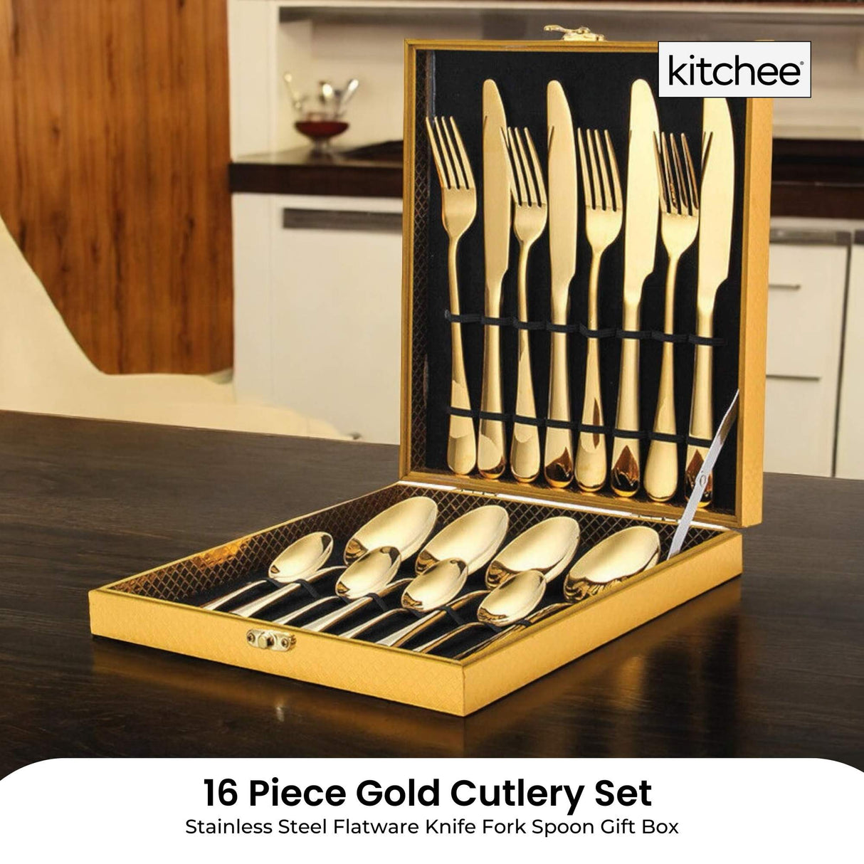 Elegant 16-Piece Gold Stainless Steel Cutlery Set in Gift Box