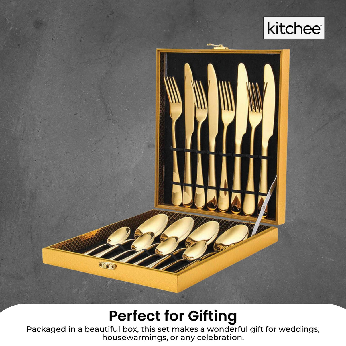 Elegant 16-Piece Gold Stainless Steel Cutlery Set in Gift Box