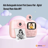 Kids Rechargeable Instant Print Camera Pink - Digital Thermal Photo Video MP3 - Front View