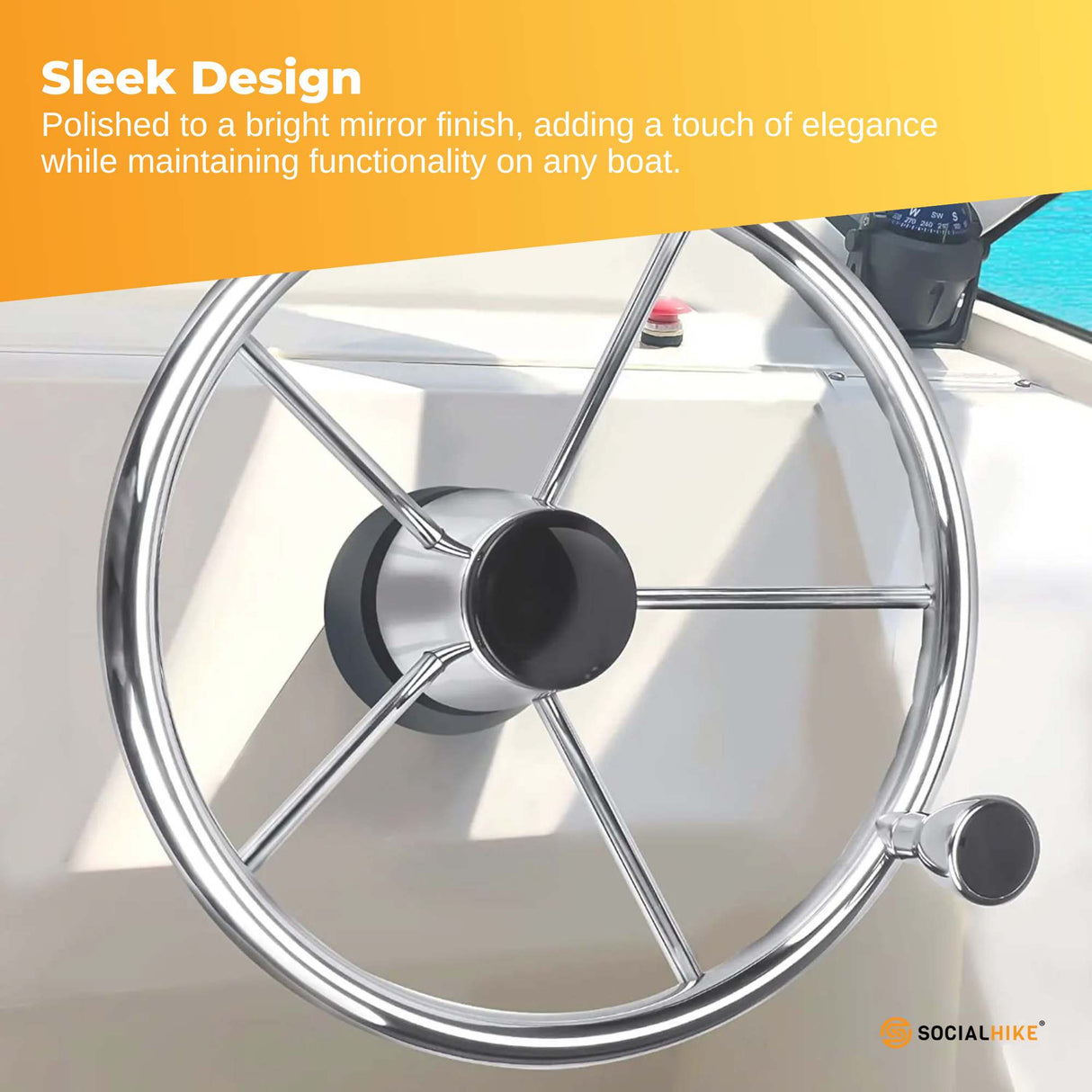 13.5" Polished Stainless Steel Boat Steering Wheel - 5 Spoke with Ergonomic Knob for 3/4" Shaft