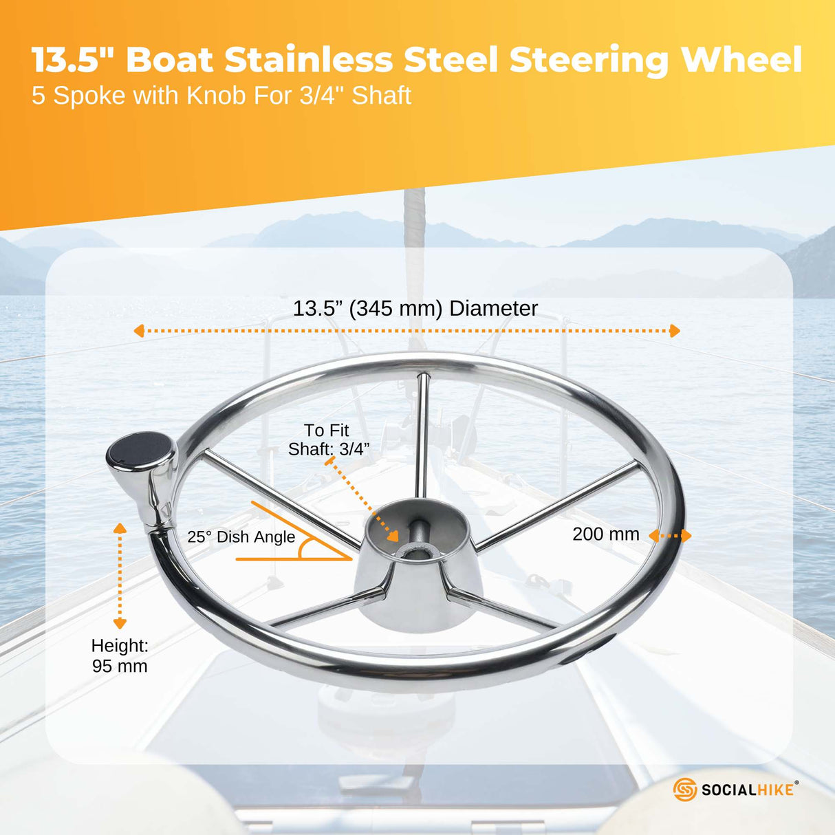 13.5 Polished Stainless Steel Boat Steering Wheel - 5 Spoke with Ergonomic Knob for 3/4 Shaft