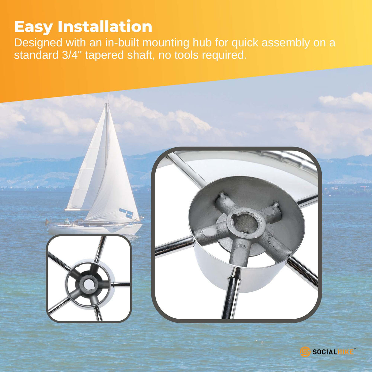 13.5 Polished Stainless Steel Boat Steering Wheel - 5 Spoke with Ergonomic Knob for 3/4 Shaft