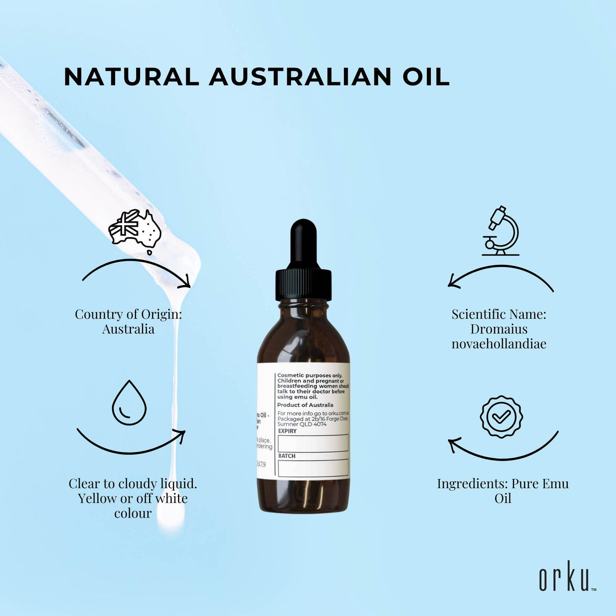 Orku 25ml Premium Emu Oil with Dropper - Pure Dromaius Novaehollandiae Extract