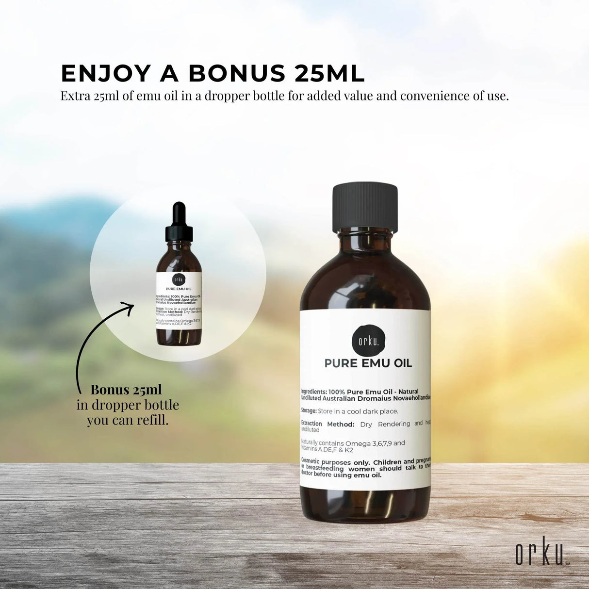 Orku 250ml Pure Emu Oil + Bonus 25ml Bottle - Australian Dromaius Novaehollandiae