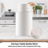 Kitchee 10x Tablet Bottles 90ml + 38mm TamperTel Child Resistant Cap - Round - Front View