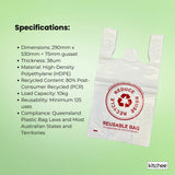 100x Large Reusable Plastic Singlet Shopping Bags - 80% Recycled 38UM Compliant - 45-Degree Angle