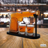 1.2L Whisky or Wine Decanter Glass Pistol Set - 2 Shot Glasses + Wooden Stand - Front View