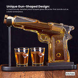 1.2L Whisky or Wine Decanter Glass Pistol Set - 2 Shot Glasses + Wooden Stand - 45-Degree Angle