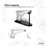 1.2L Whisky or Wine Decanter Glass Pistol Set - 2 Shot Glasses + Wooden Stand - Rear View