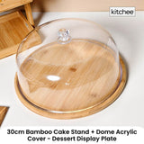 Kitchee 30cm Bamboo Cake Stand + Dome Acrylic Cover - Dessert Display Plate - Front View