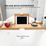 Luxury Adjustable Bamboo Bath Tray Caddy - Spa Book Wine & Accessories Holder - Close-Up Angle