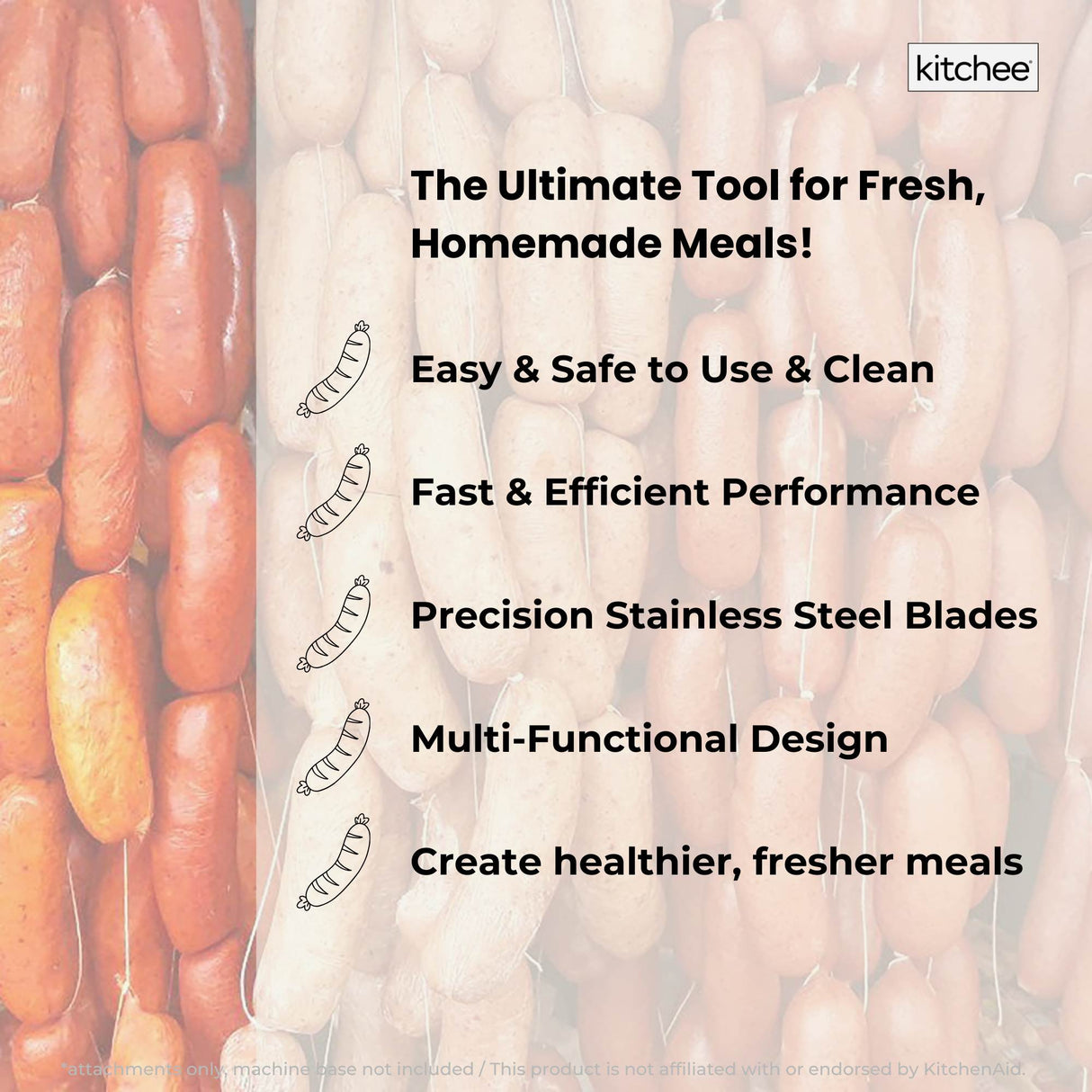 Kitchee Meat Food Grinder Sausage Attachment - Compatible with KitchenAid Mixers
