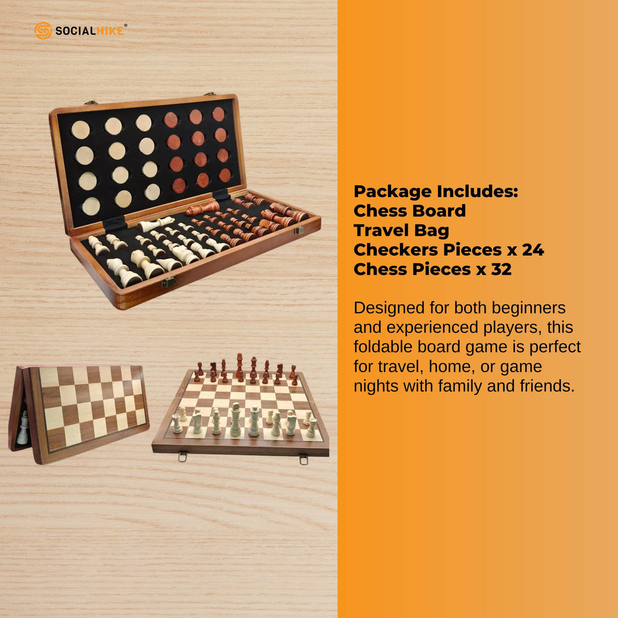 Social Hike Wooden Chess & Checkers 2 in 1 ??Magnetic Travel Foldable Board Game